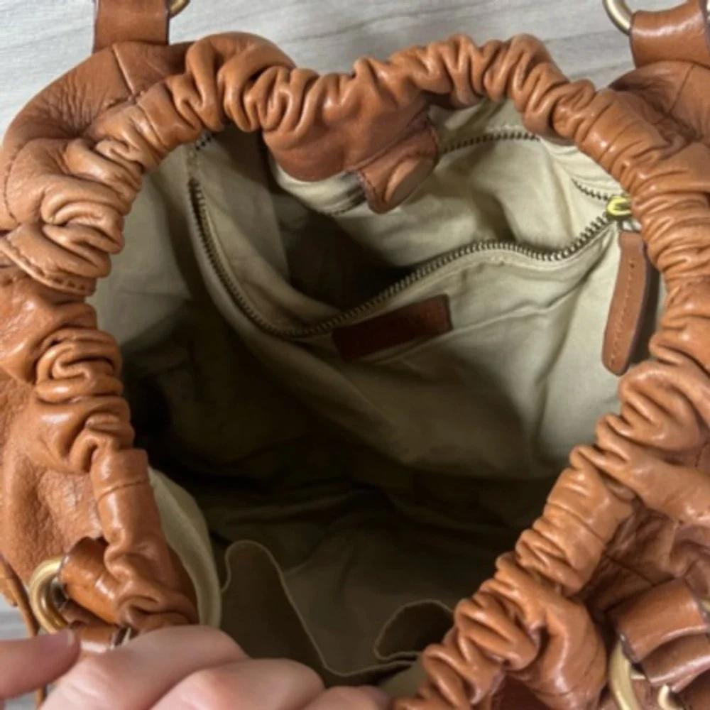 J.Crew Womens Hobo Handbag Brown Leather Drawstring Outer Pocket‎ Hardware S